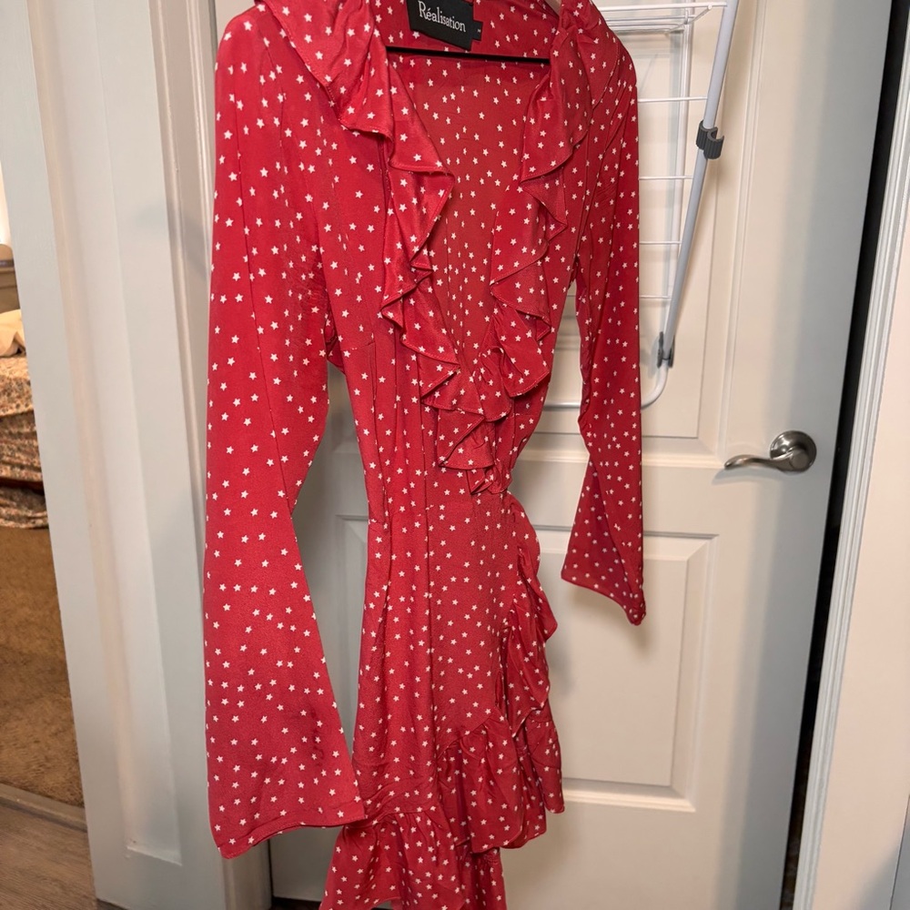 Relisation Par The Alexandra Stars Print 100% Silk Red Wrap Mini Dress Size M